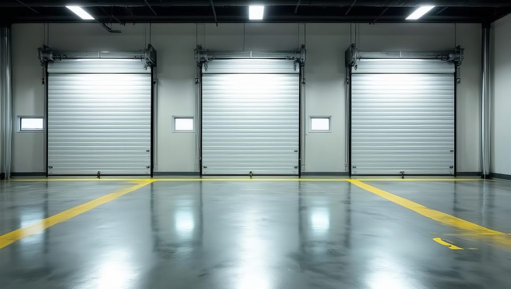 Empty industrial warehouse interior with closed loading dock doors